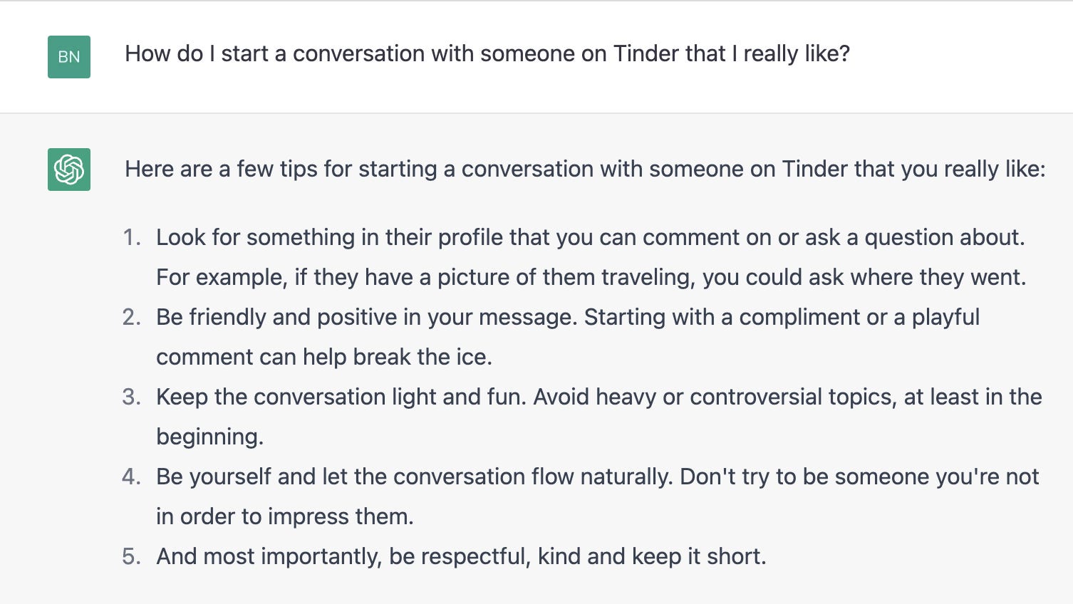 Screenshot der ChatGPT-Antwort auf „Wie beginne ich eine Unterhaltung mit jemandem auf Tinder, den ich wirklich mag?“
