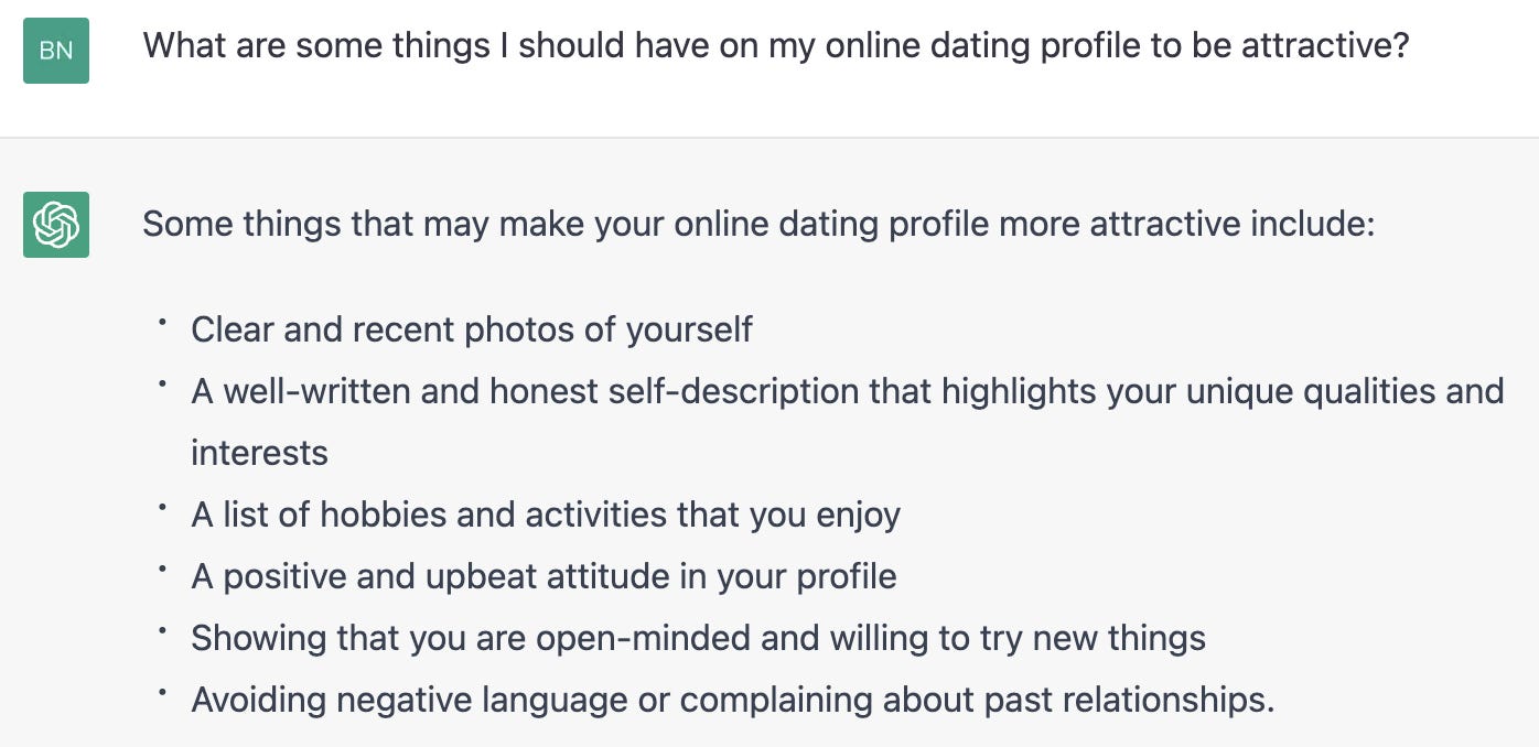 Screenshot der ChatGPT-Antwort auf „Welche Dinge sollte ich in meinem Online-Dating-Profil haben, um attraktiv zu sein?“