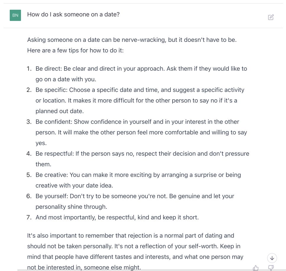 Screenshot der ChatGPT-Antwort auf Wie soll ich (eine Frau) einen Mann erreichen, an dem ich auf Hinge interessiert bin?