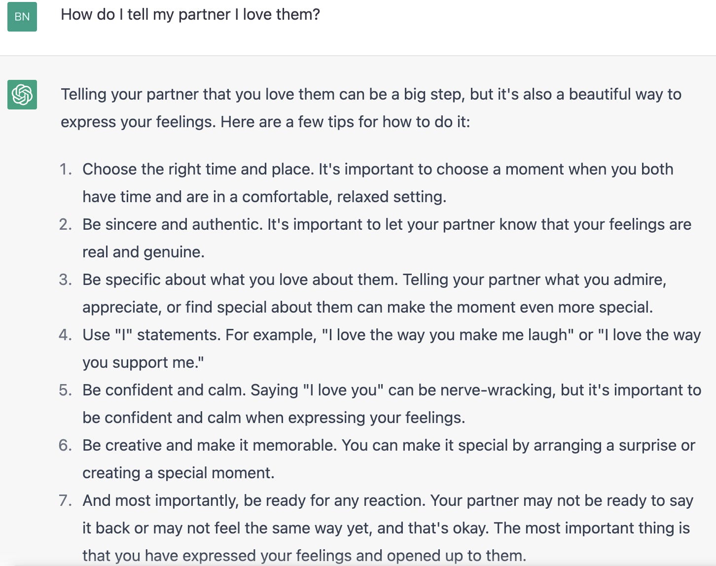 Screenshot der ChatGPT-Antwort auf „Wie sage ich meinem Partner, dass ich ihn liebe?“