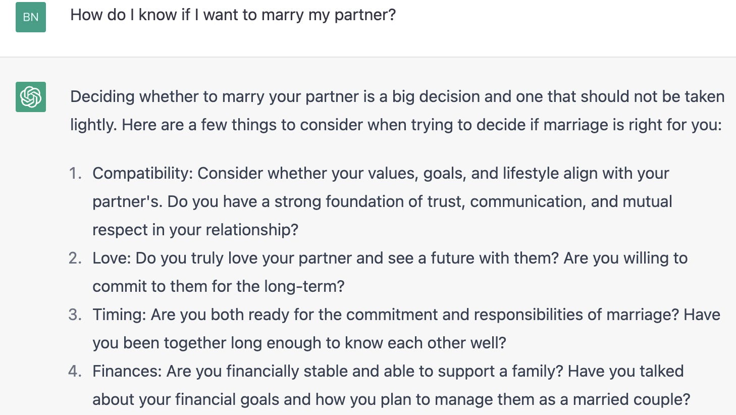 Screenshot der Chat-GPT-Antwort auf „Woher weiß ich, ob ich meinen Partner heiraten möchte?“