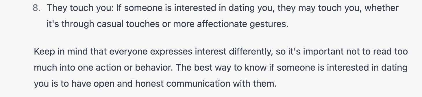 zweiter Teil der ChatGPT-Antwort auf „Screenshot der ChatGPT-Antwort auf „Woher weiß ich, ob jemand daran interessiert ist, mit mir auszugehen?“