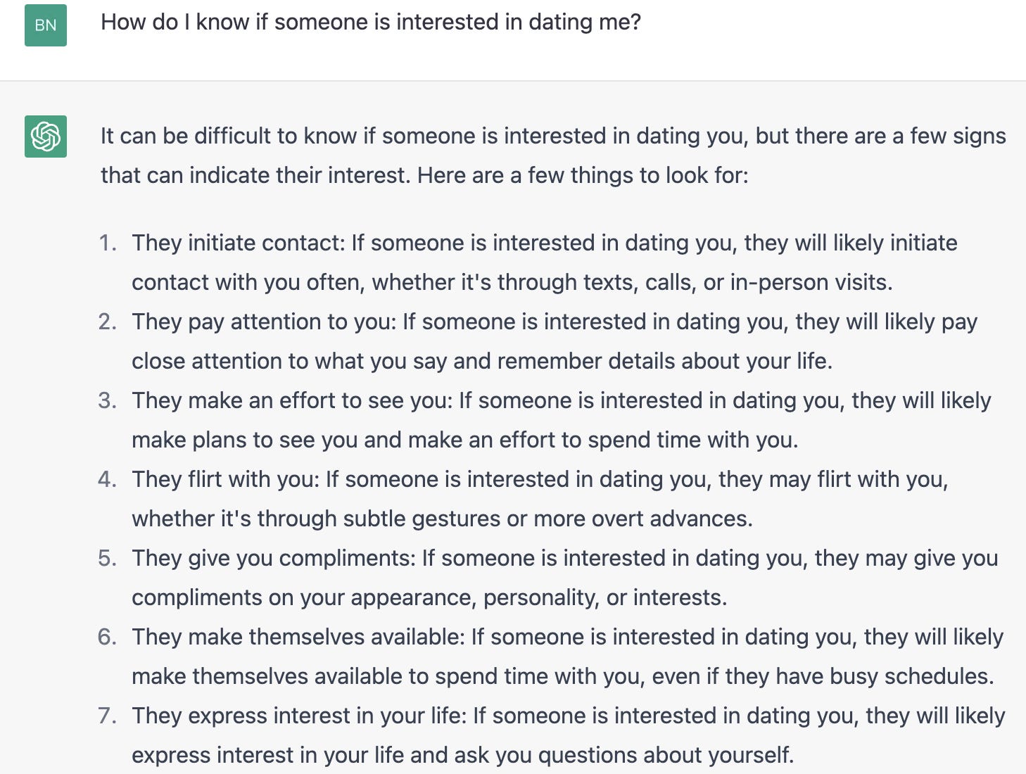 Screenshot der ChatGPT-Antwort auf „Woher weiß ich, ob jemand daran interessiert ist, mit mir auszugehen?“