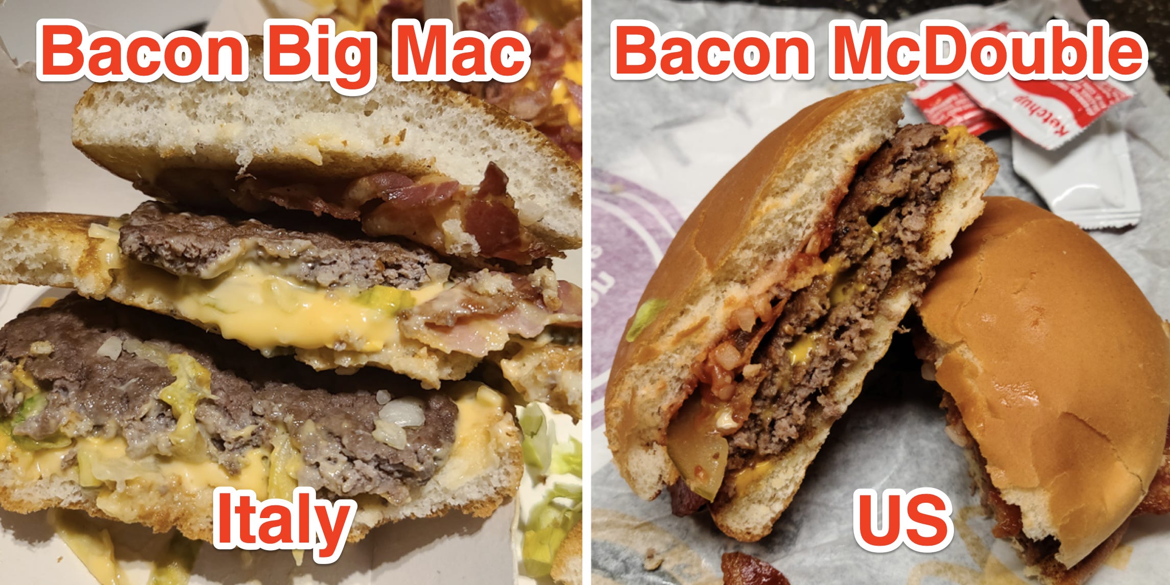 Close-up-Querschnitt des Bacon Big Mac von italienischen McDonalds und ein Querschnitt eines Bacon Mcdouble von US-McDonalds