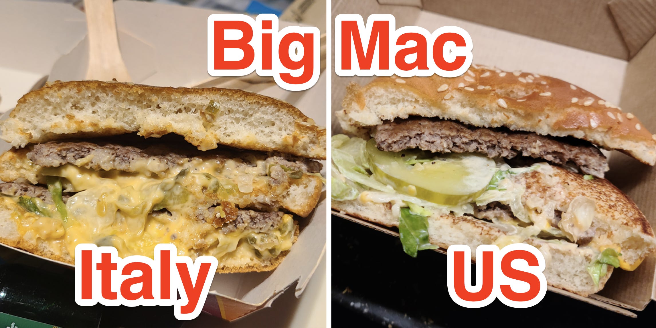 Seite an Seite Fotos des Querschnitts eines Big Mac in Italien und eines Big Mac in den USA