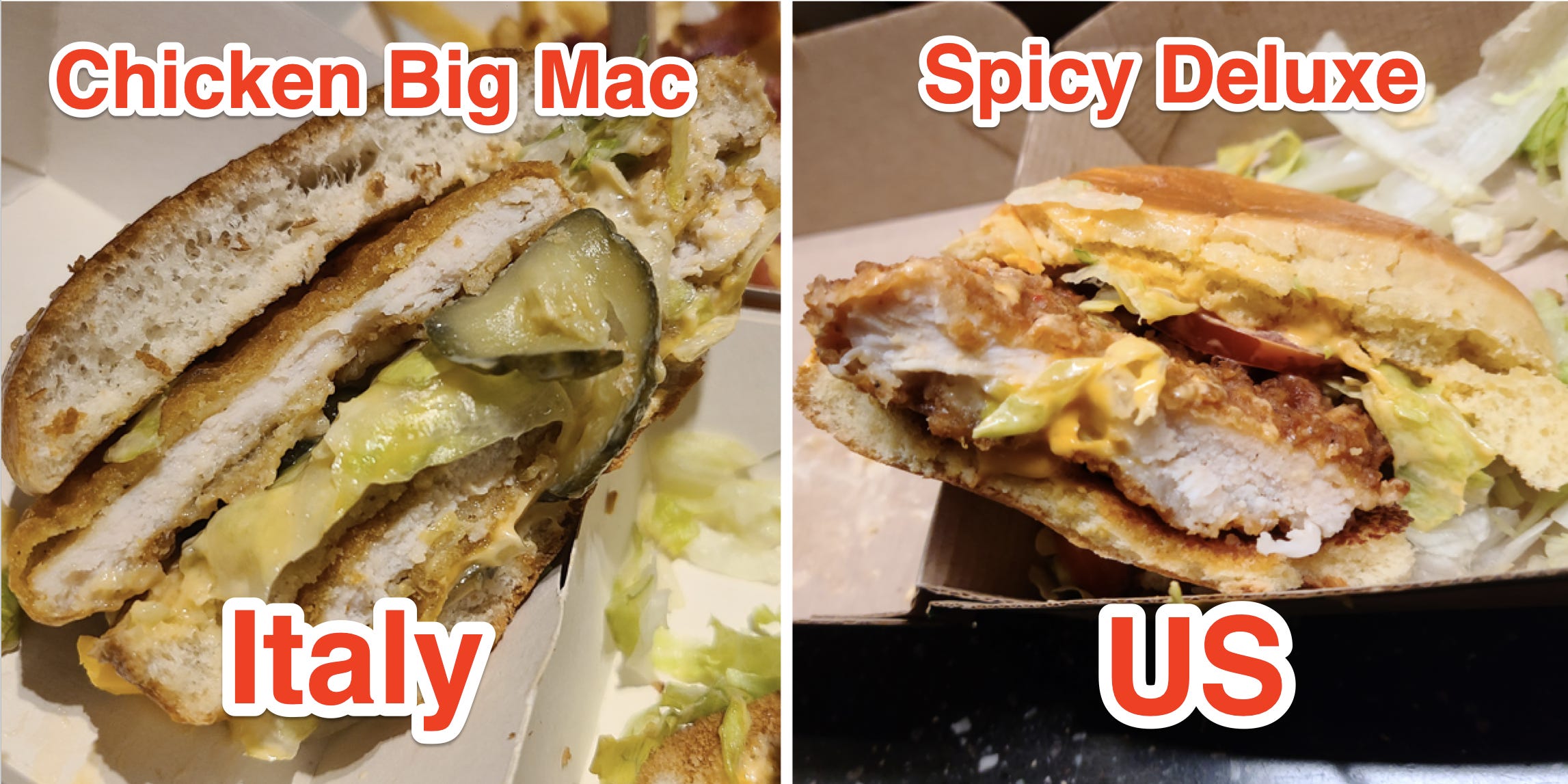 Nahaufnahme eines Chicken Big Mac von italienischen McDonalds und eine Nahaufnahme von würzigem Deluxe Chicken Sandwich von US McDonalds