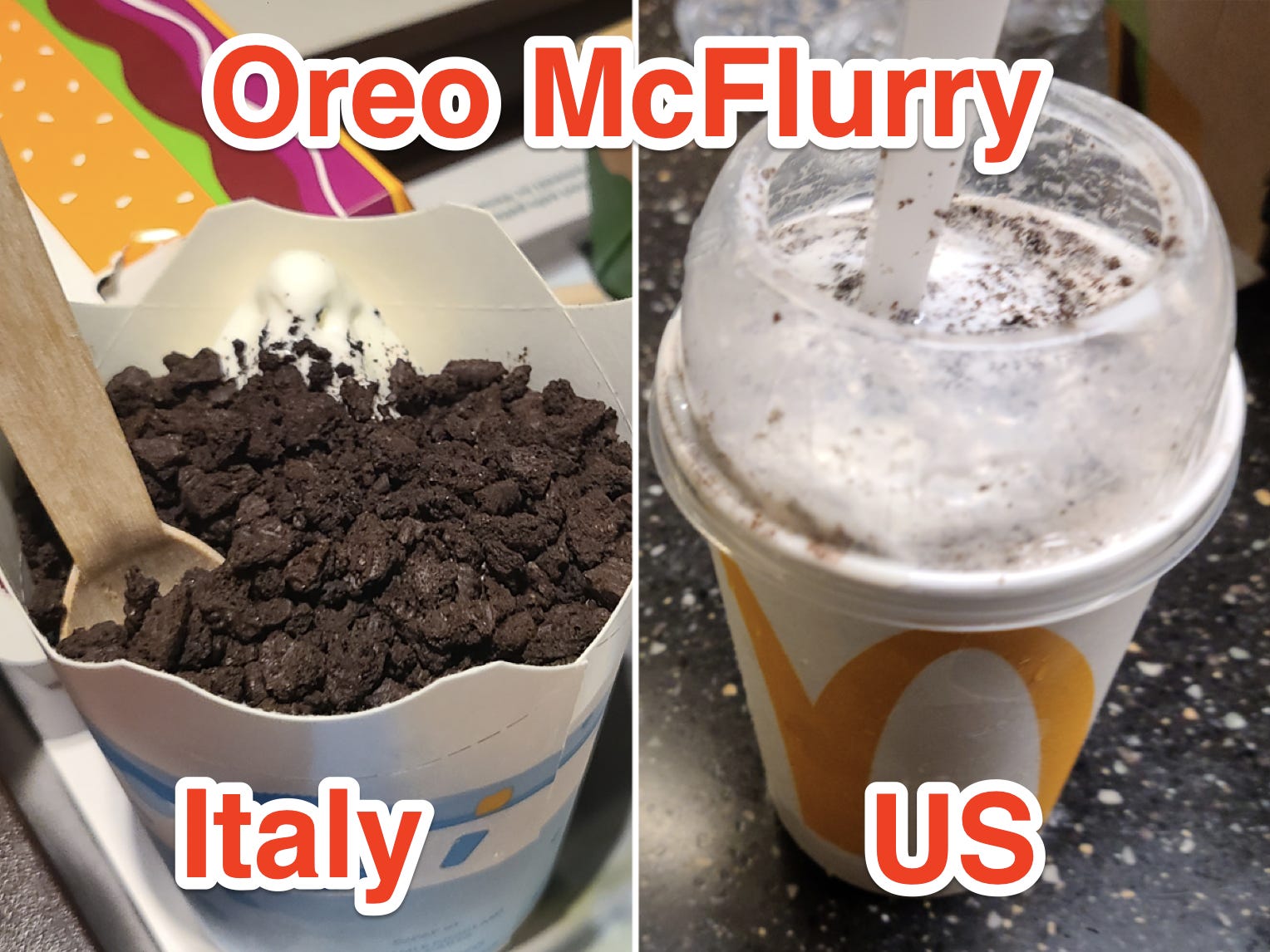 oreo mcflurry von einem italienischen mcdonalds und ein oreo mcflurry von einem amerikanischen mcdonalds
