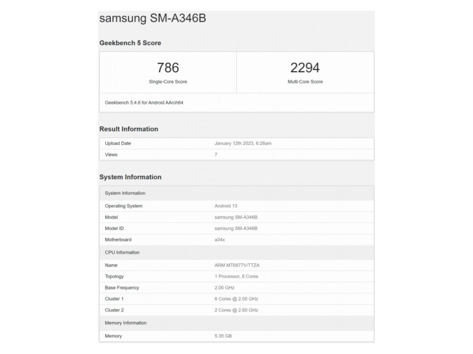 Der Galaxy A34 5G Geekbench punktet wie von GalaxyClub präsentiert.  - Galaxy A34 5G-Spezifikationsleck enthüllt endlich den Prozessor des Telefons