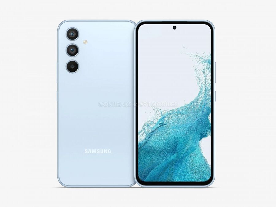 Ein durchgesickerter Design-Rendering, der das Galaxy A54 5G in Awesome Blue zeigt.  Hm.  - Die Batteriekapazität des Galaxy A54 wurde von der FCC bekannt gegeben