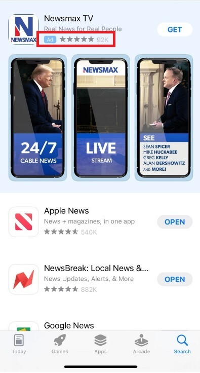 Eine kontextbezogene Anzeige erscheint in diesem App Store-Suchergebnis für Nachrichten-Apps - Trotz Predigt auf Privatsphäre sammelt Apple Ihre Daten, um mehr Anzeigen auf nativen Apps anzuzeigen
