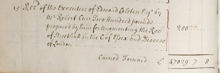 Eintrag in Queen Anne's Bounty Accounts Ledger Vol.  3 zeigt Geld, das von den Testamentsvollstreckern von Edward Colston erhalten wurde.