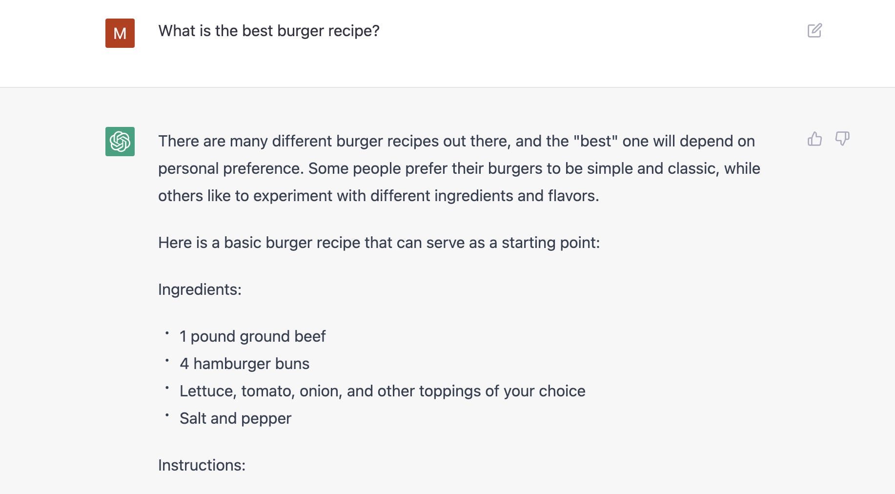 ChatGPT teilt ein Burger-Rezept.