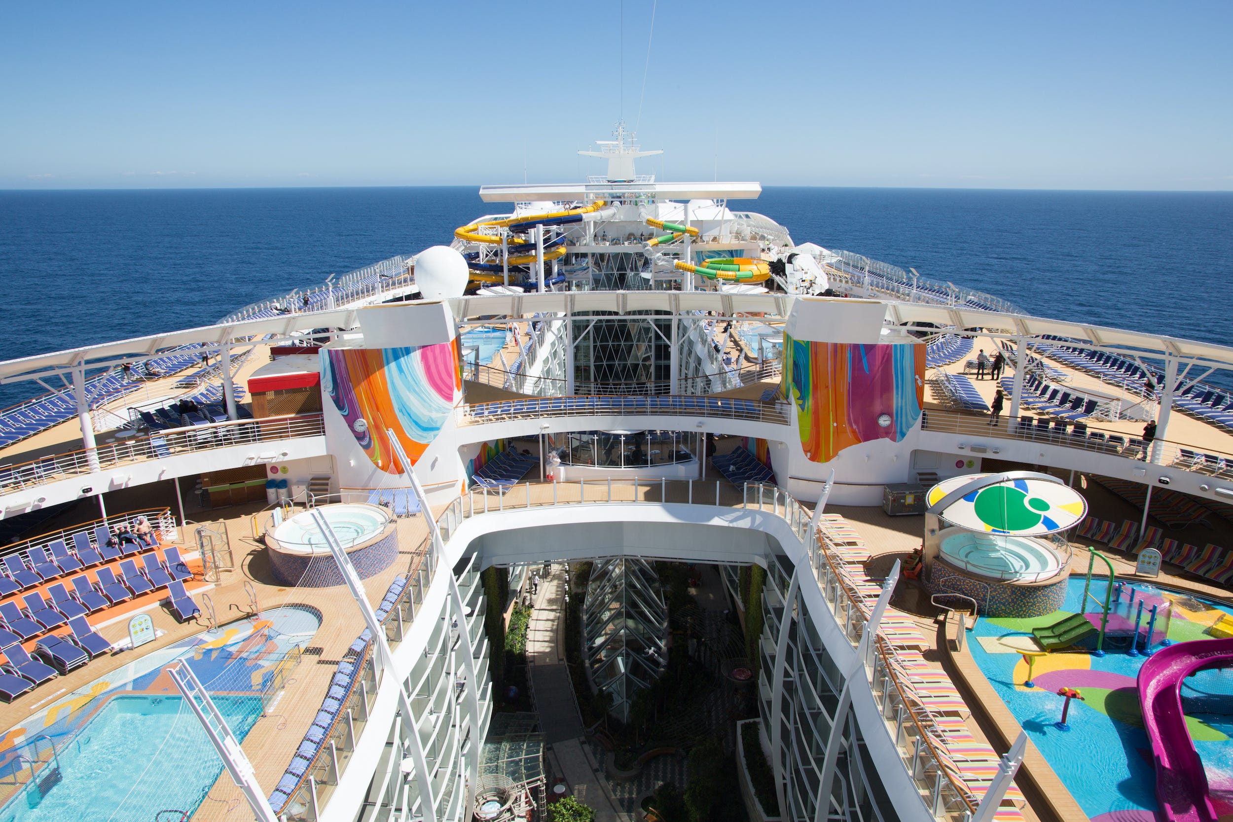 Blick von oben auf das Kreuzfahrtschiff Symphony of the Seas von Royal Caribbean mit Pools und farbenfrohen Spielplätzen.