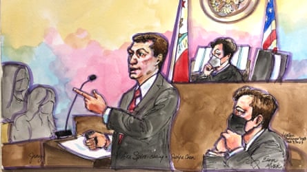 Elon Musk sitzt im Gerichtssaal während der Schlussplädoyers von Tesla-Anwalt Alex Spiro.