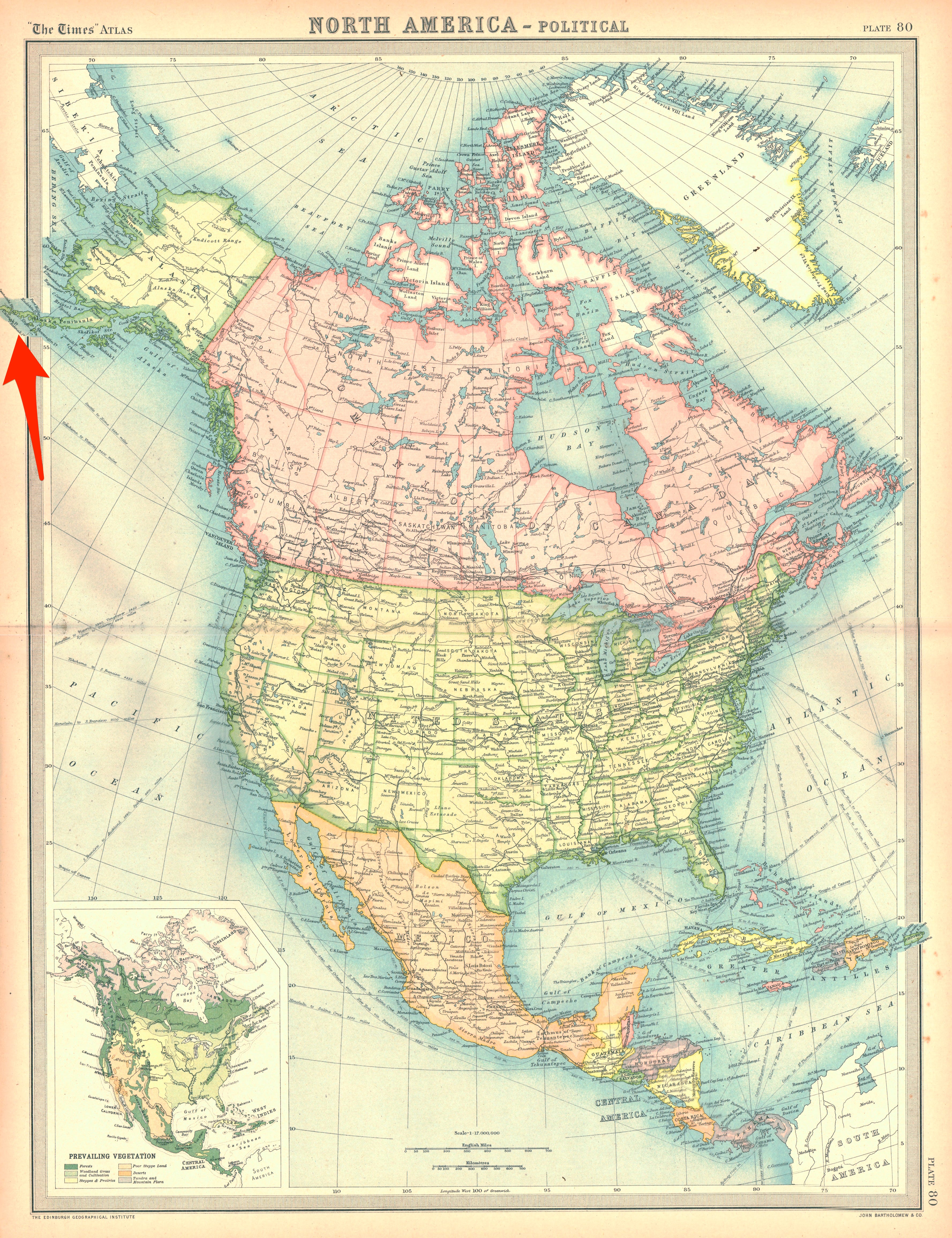 Eine Karte von Nordamerika mit einem Pfeil, der auf die Aleuten in Alaska zeigt, wo der chinesische Überwachungsballon zum ersten Mal gesichtet wurde.