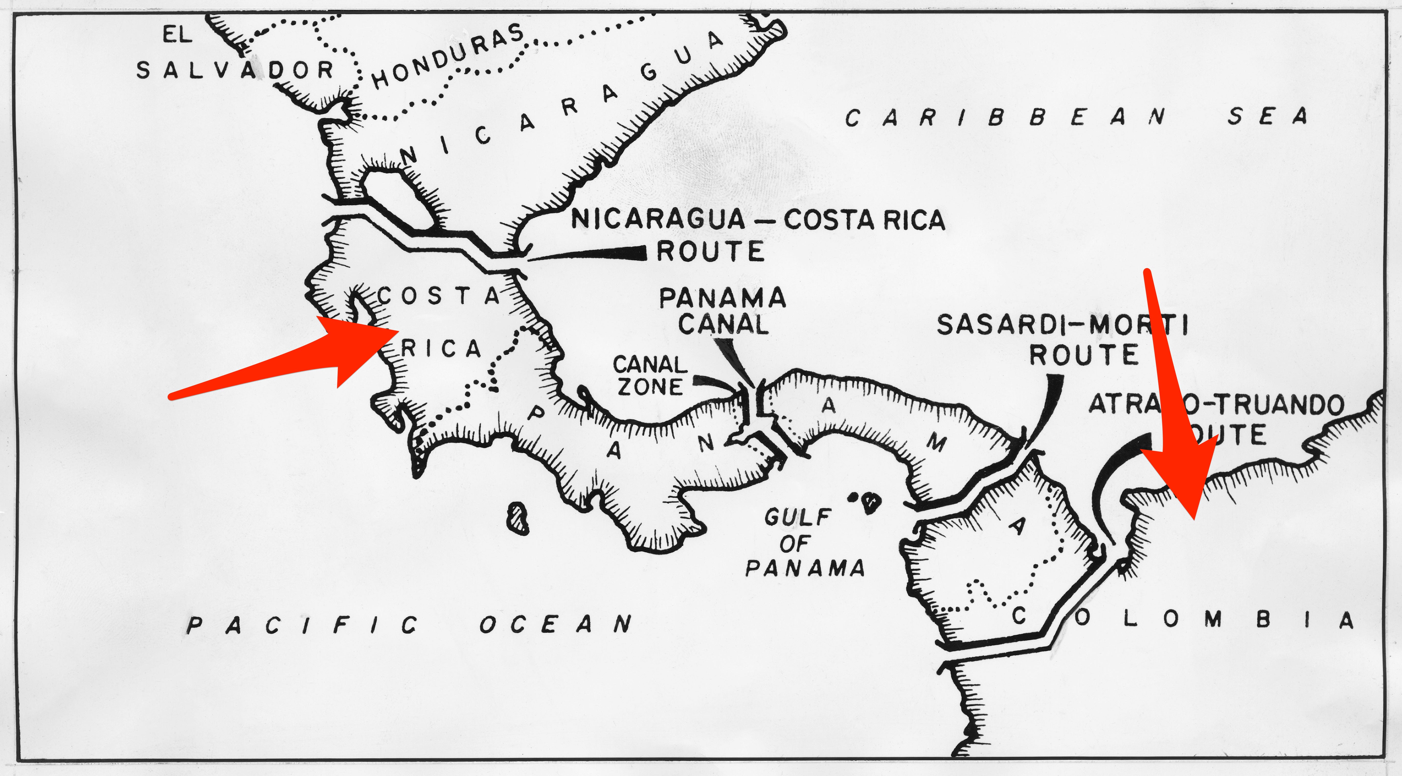 Eine Karte von Mittelamerika mit Pfeilen, die auf Costa Rica und Kolumbien zeigen, wo ein zweiter chinesischer Überwachungsballon gesichtet wurde.