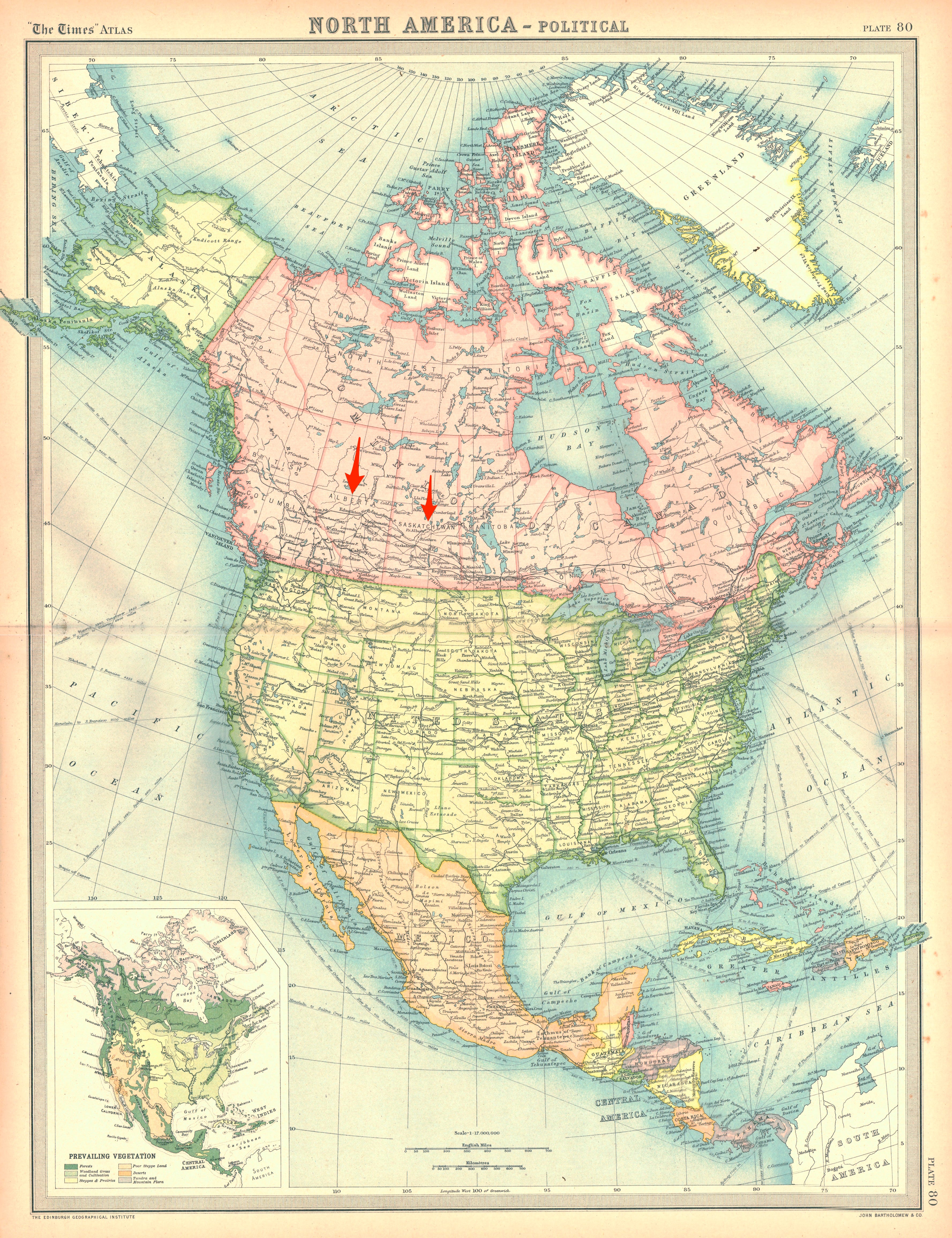 Eine Karte von Nordamerika mit Pfeilen, die auf Alberta und Saskatchewan in Kanada zeigen, wo der chinesische Überwachungsballon schwebend gesehen wurde.