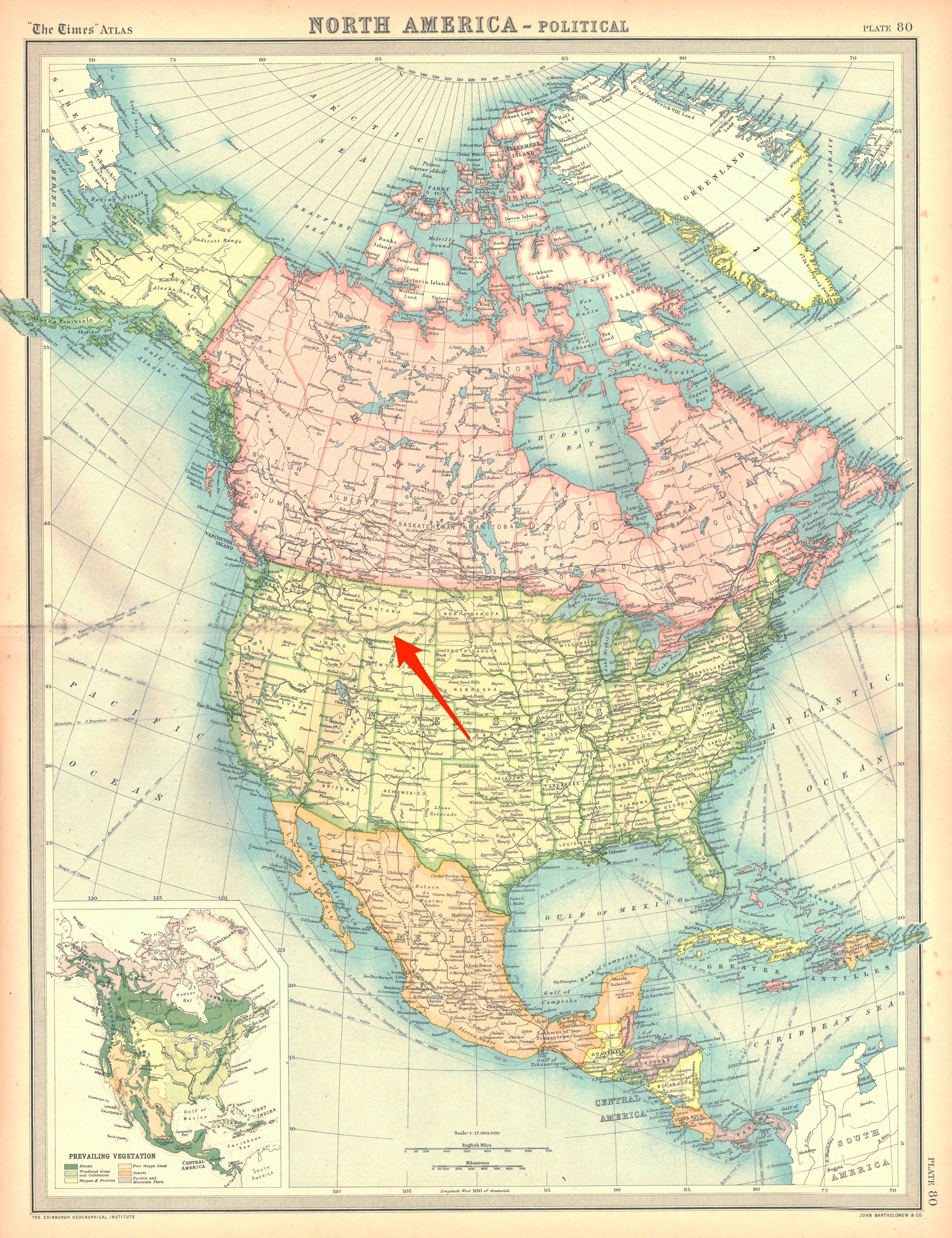 Eine Karte von Nordamerika mit Pfeilen, die auf Billings, Montana, zeigen, wo der chinesische Überwachungsballon schwebend gesehen wurde.