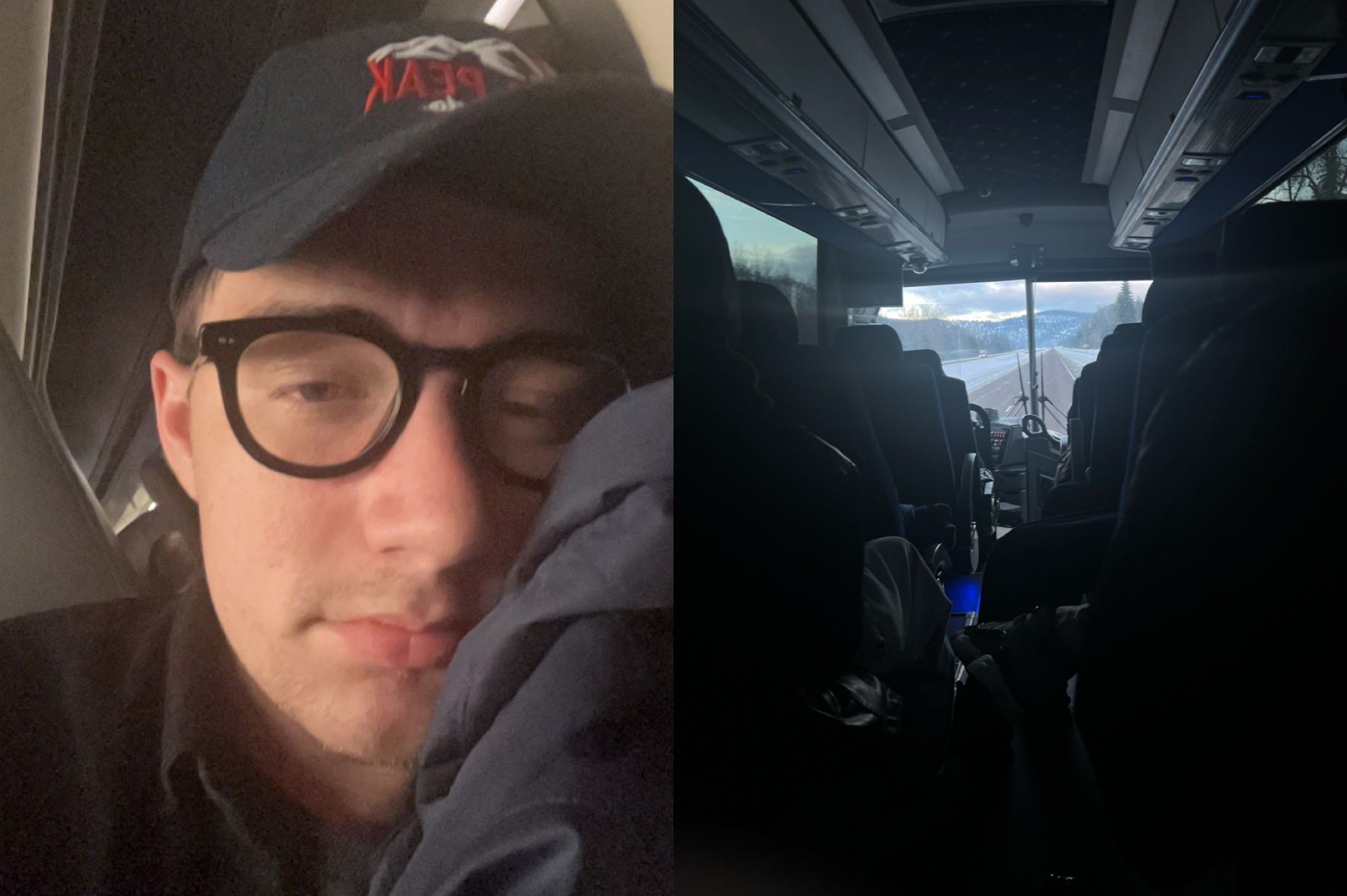Lukas Flippo auf Windhundbus-Selfie (links), Innenraum des Busses (rechts)