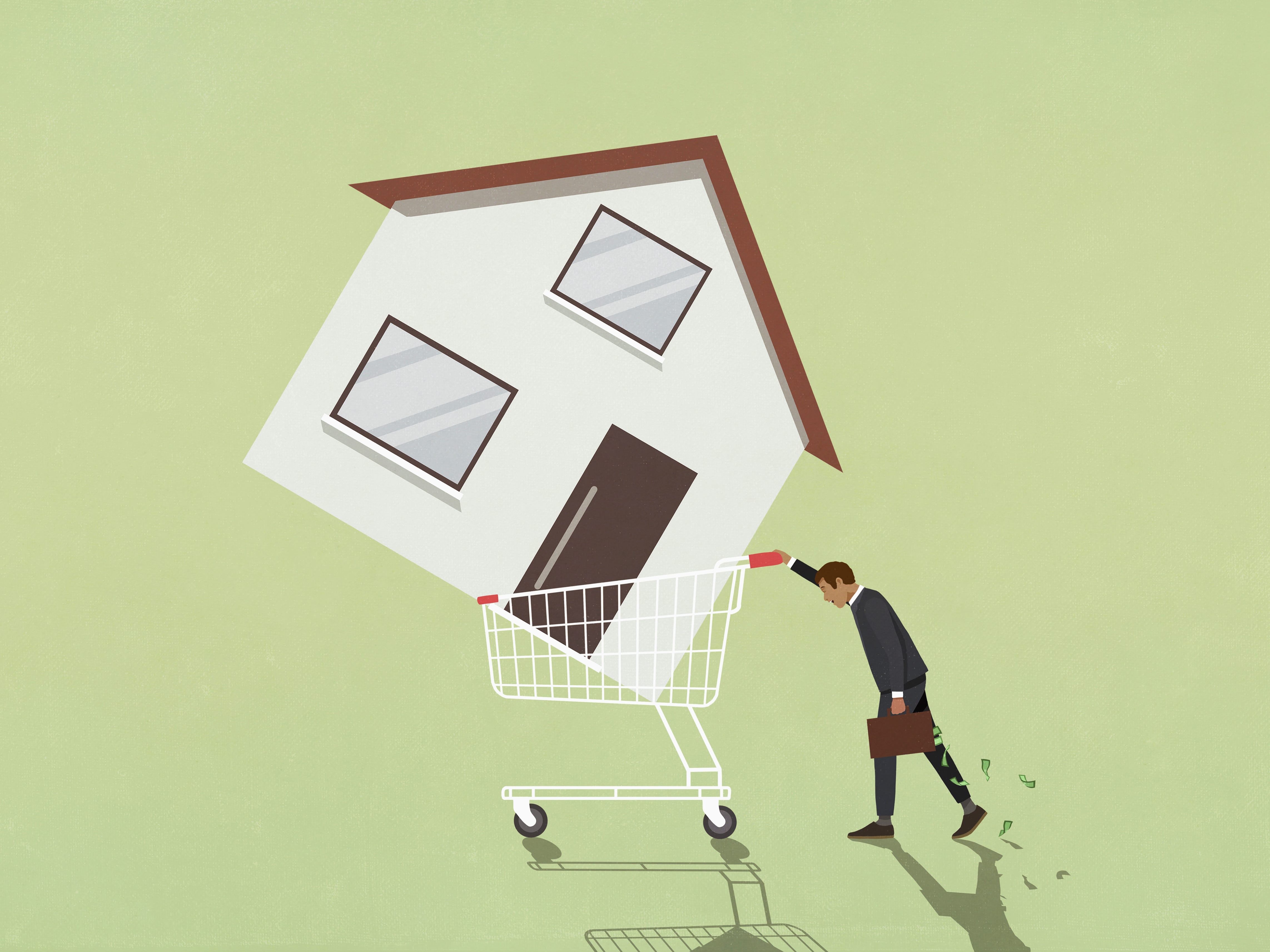 Männlicher Investor mit Geldkoffer, der Einkaufswagen mit großem Haus schiebt - Stock Illustration
