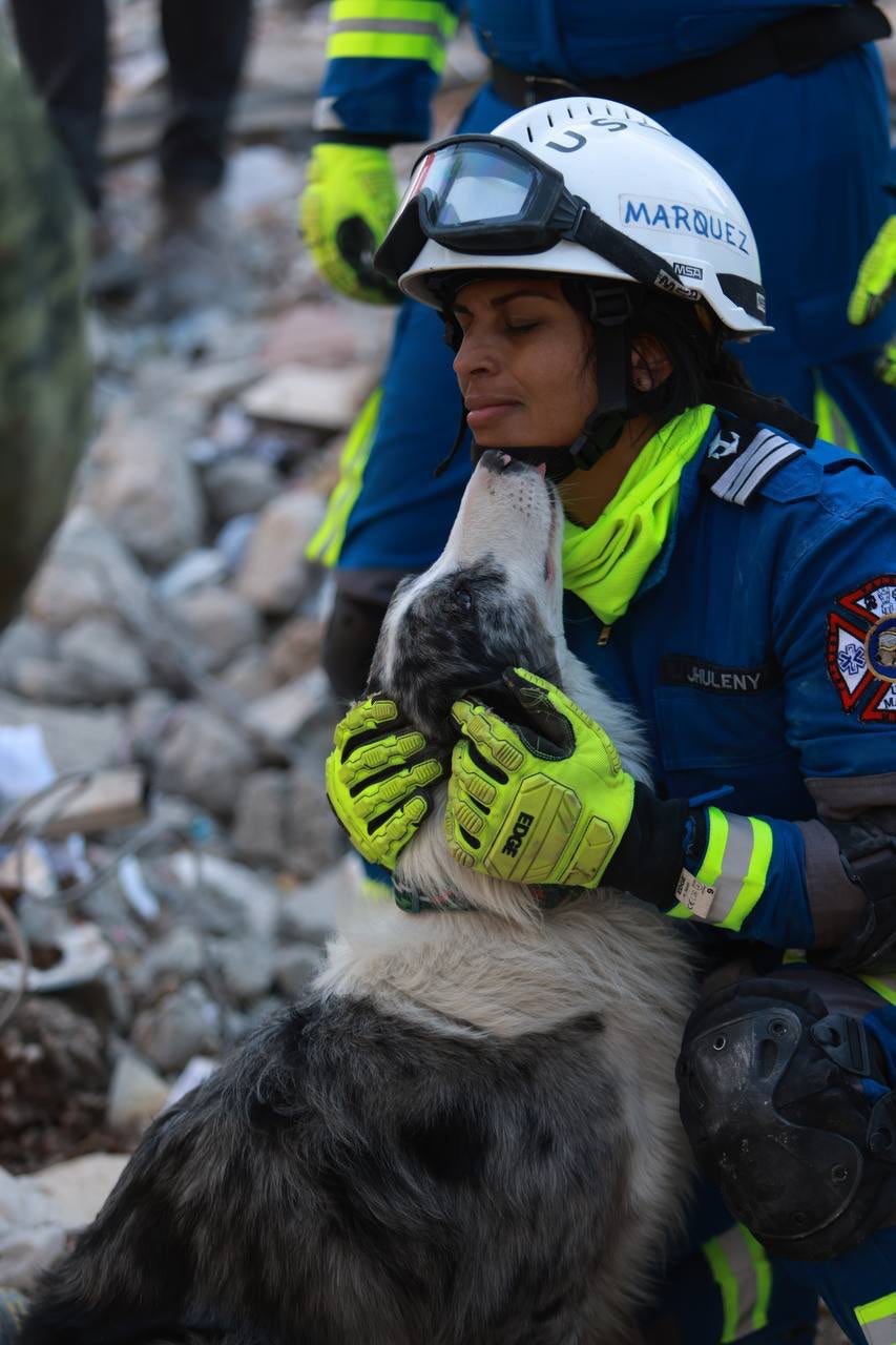 Ein Hund und sein Hundeführer, die von der mexikanischen Marine geschickt wurden, um in der Türkei nach Überlebenden des Erdbebens zu suchen.