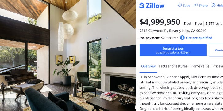 Ein Zillow-Angebot für ein 5-Millionen-Dollar-Luxushaus in Beverly Hills mit hohen Decken und modernen Oberflächen