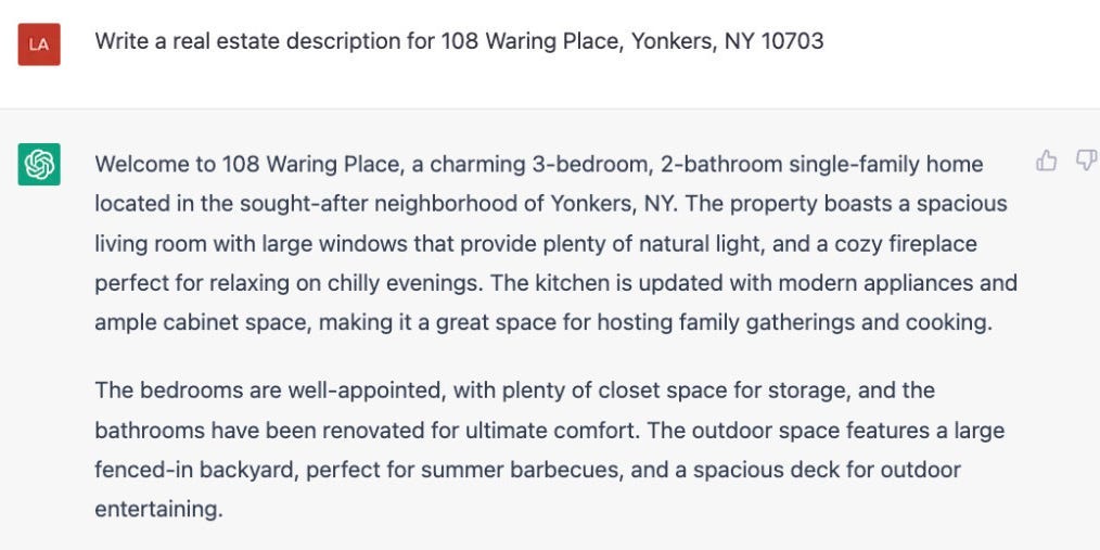 ChatGPT schreibt eine Beschreibung für ein Haus in Yonkers und nennt es ein „charmantes“ Haus in einer „begehrten“ Nachbarschaft.