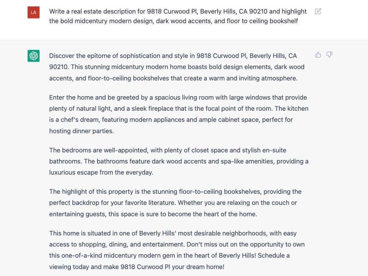 ChatGPT-Beschreibung von Beverly Hills Home, einschließlich guter „Calls to Action“, um Käufer anzulocken.