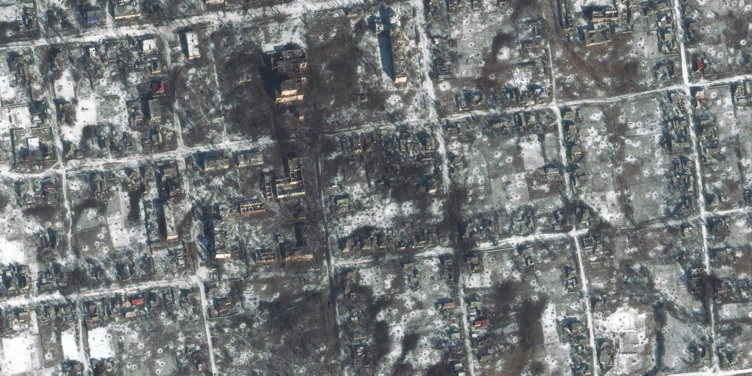 Eine Luftaufnahme von Petrivka am 10. Februar 2023.