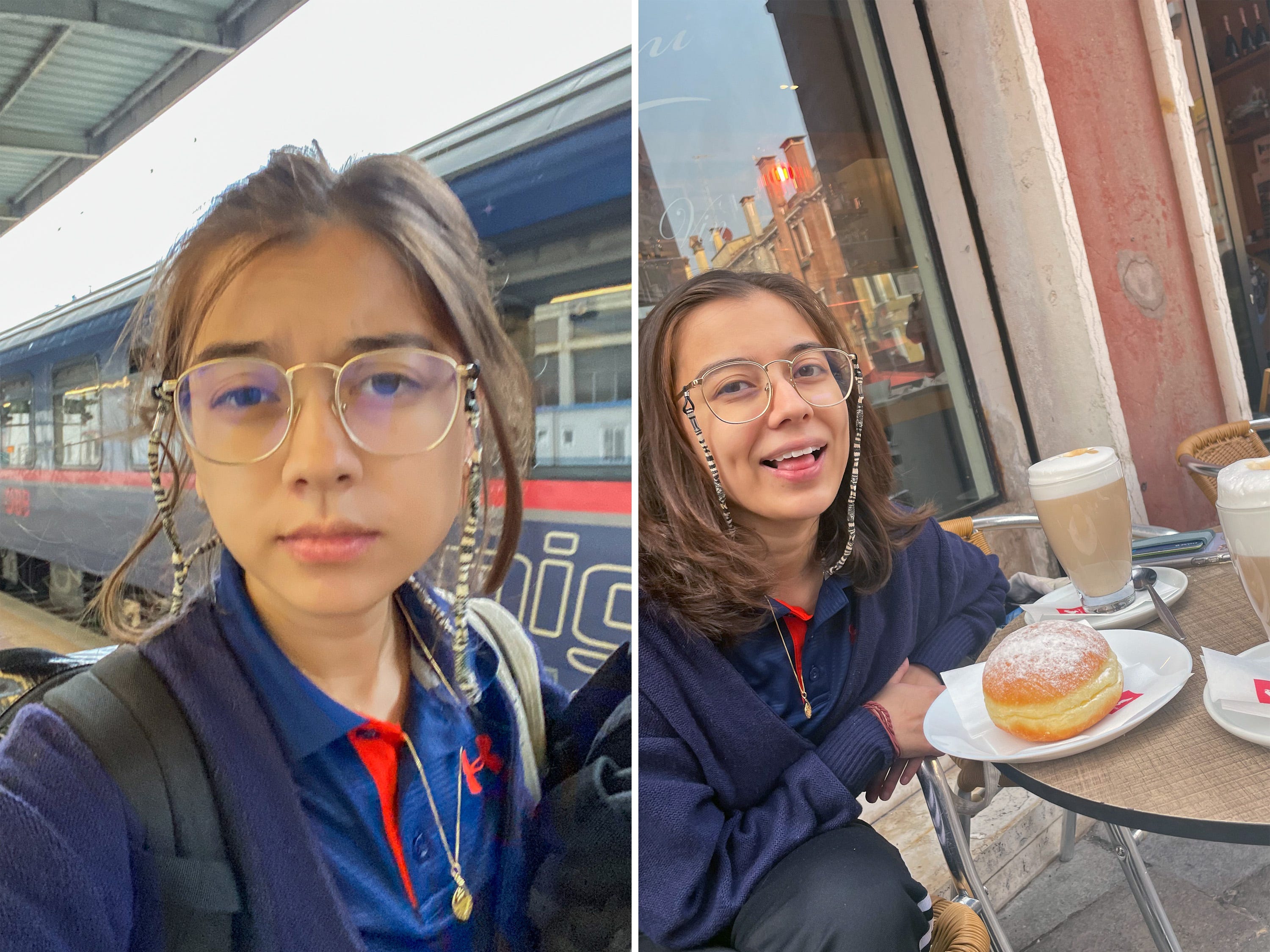 Die Autorin vor (L) und nach (R) dem Kaffeetrinken an ihrem ersten Morgen in Venedig.