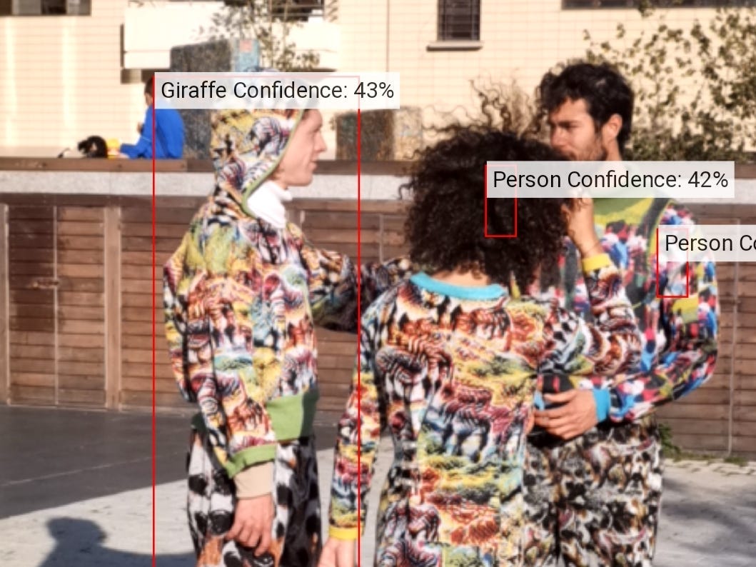 Die Analyse der Gesichtserkennungssoftware von Personen in Cap_ables leuchtenden Outfits zeigt, dass eine Person mit 43 % Vertrauen als Giraffe identifiziert wurde