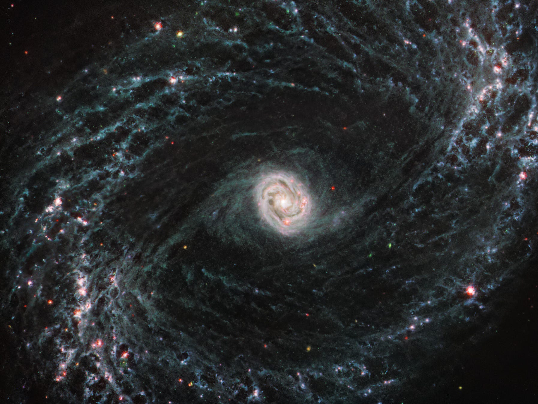Die Bilder des Webb-Teleskops von NGC 1433, NGC 7496 und NGC 1365 zeigen die Gas- und Staubnetzwerke der Galaxien in außerordentlicher Detailtreue.  Diese Daten sind Teil einer laufenden Webb-Durchmusterung von 19 Spiralgalaxien.