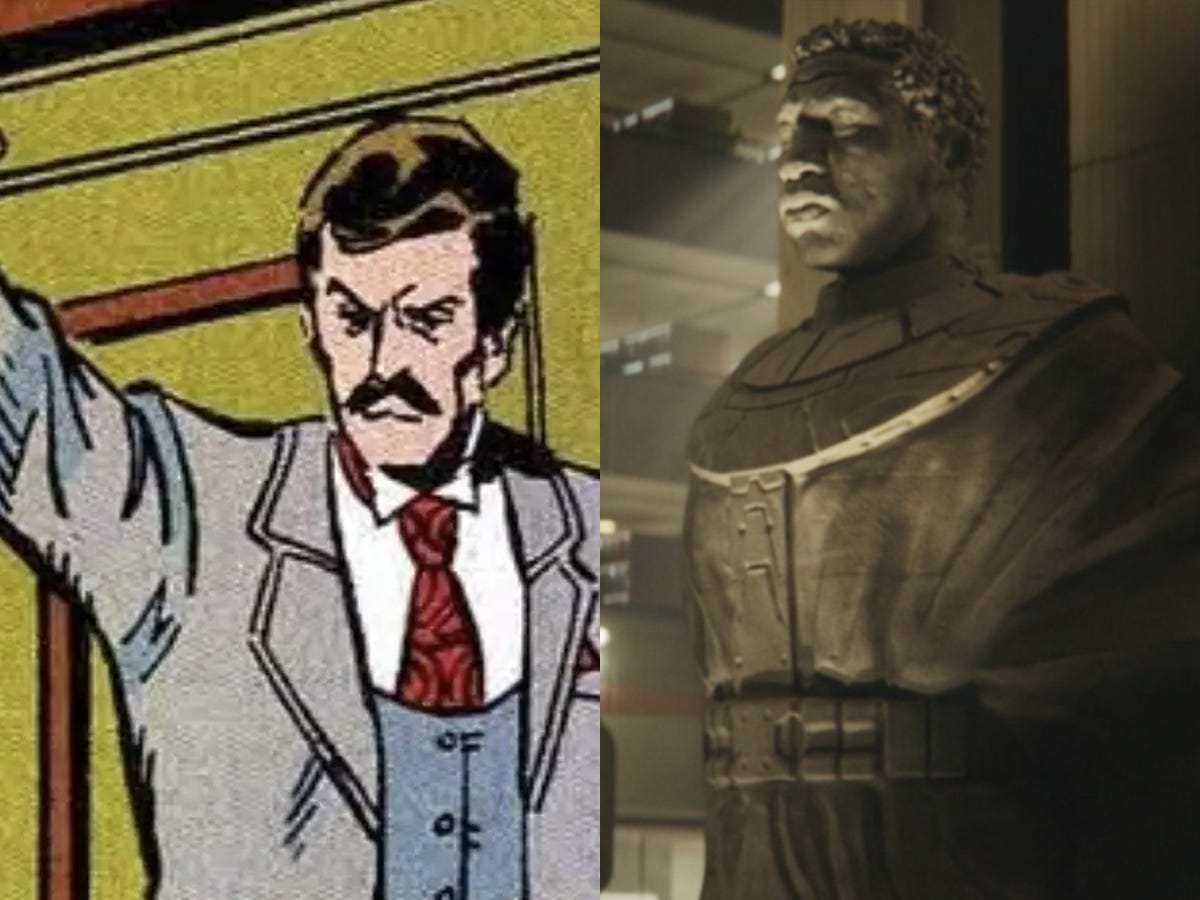 Victor Timely in Avengers Annual #21 und die Statue von TVA Kang in „Loki“.