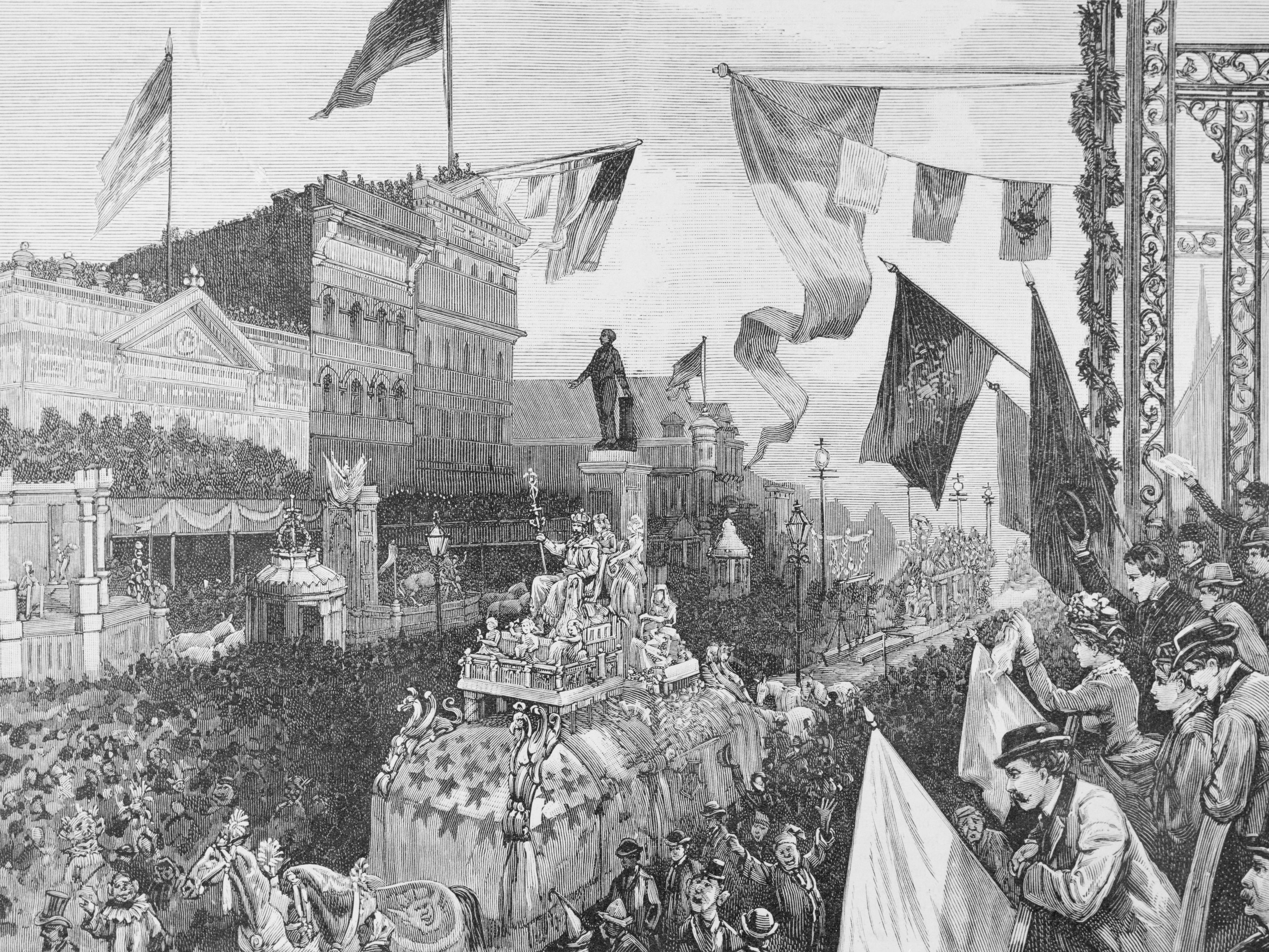 Der Karneval in New Orleans.  Die Zeichnung des berühmten Mardi Gras Festivals zeigt eine Parade voller Wagen und Kostüme, die vorbeiziehen.