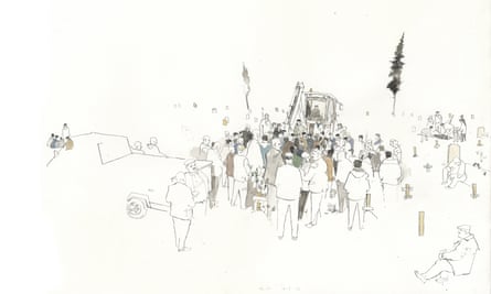 Butlers Illustration der Beerdigung seines Freundes Anas Sweid, der bei dem Erdbeben ums Leben kam