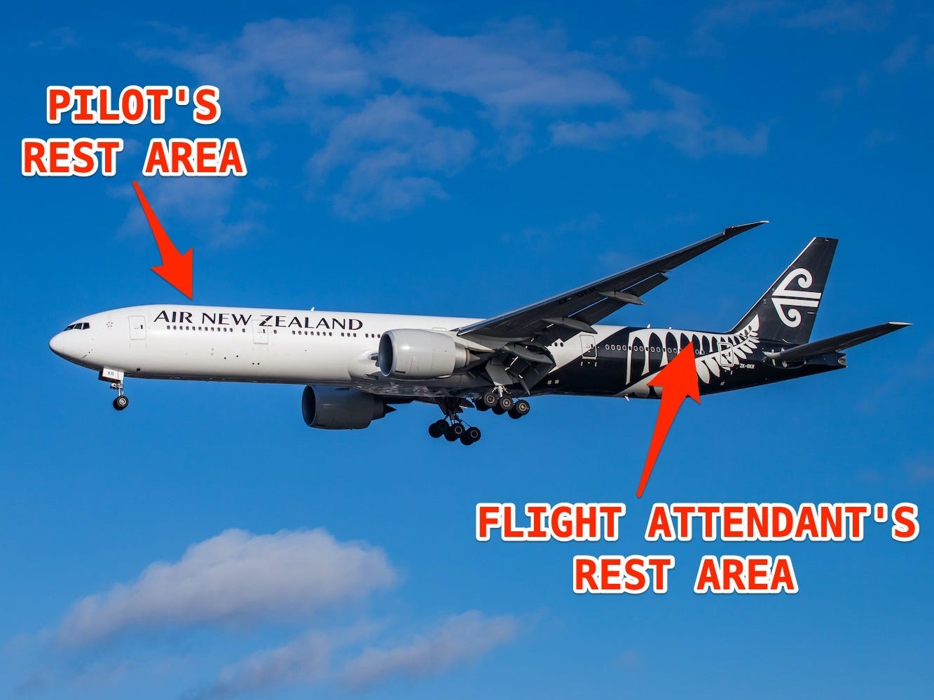 Pfeile zeigen auf die ungefähre Lage der Rastplätze auf der Boeing 777-300ER.