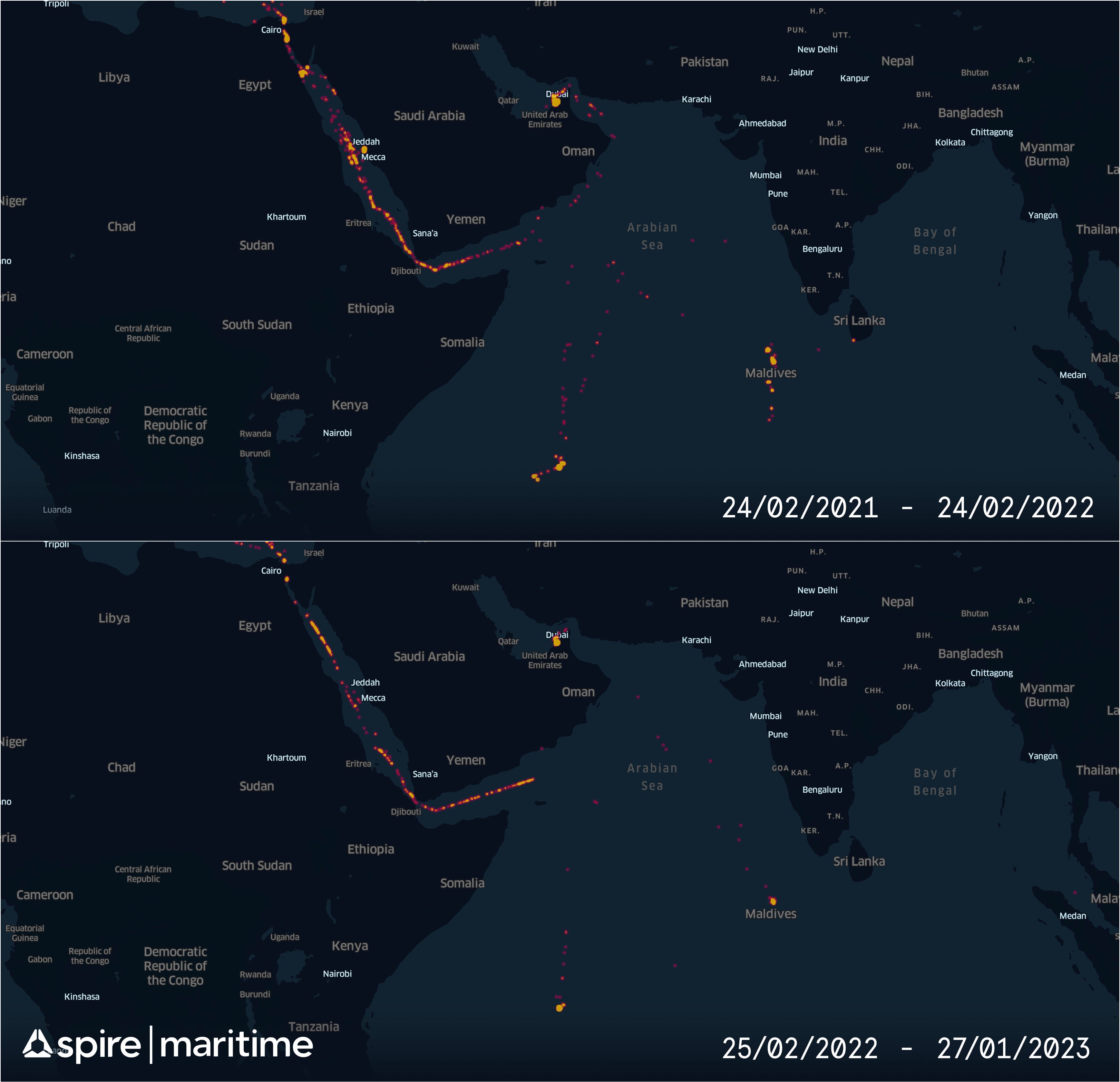 Eine Heatmap, die den Yachtverkehr der russischen Oligarchen im Arabischen Meer vor und nach der Invasion der Ukraine zeigt