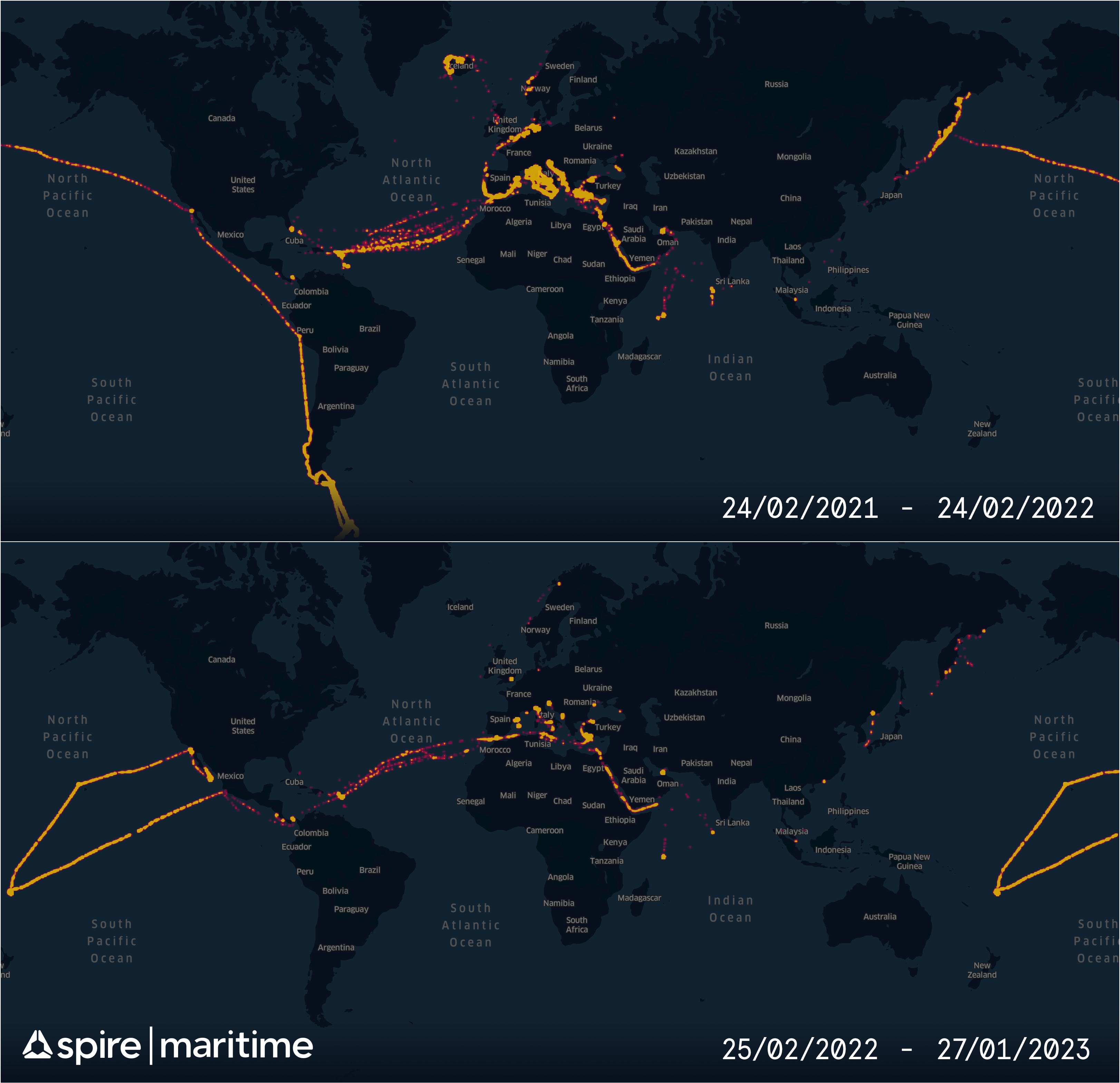 Eine Heatmap, die den Yachtverkehr der russischen Oligarchen auf der ganzen Welt vor und nach der Invasion der Ukraine zeigt.