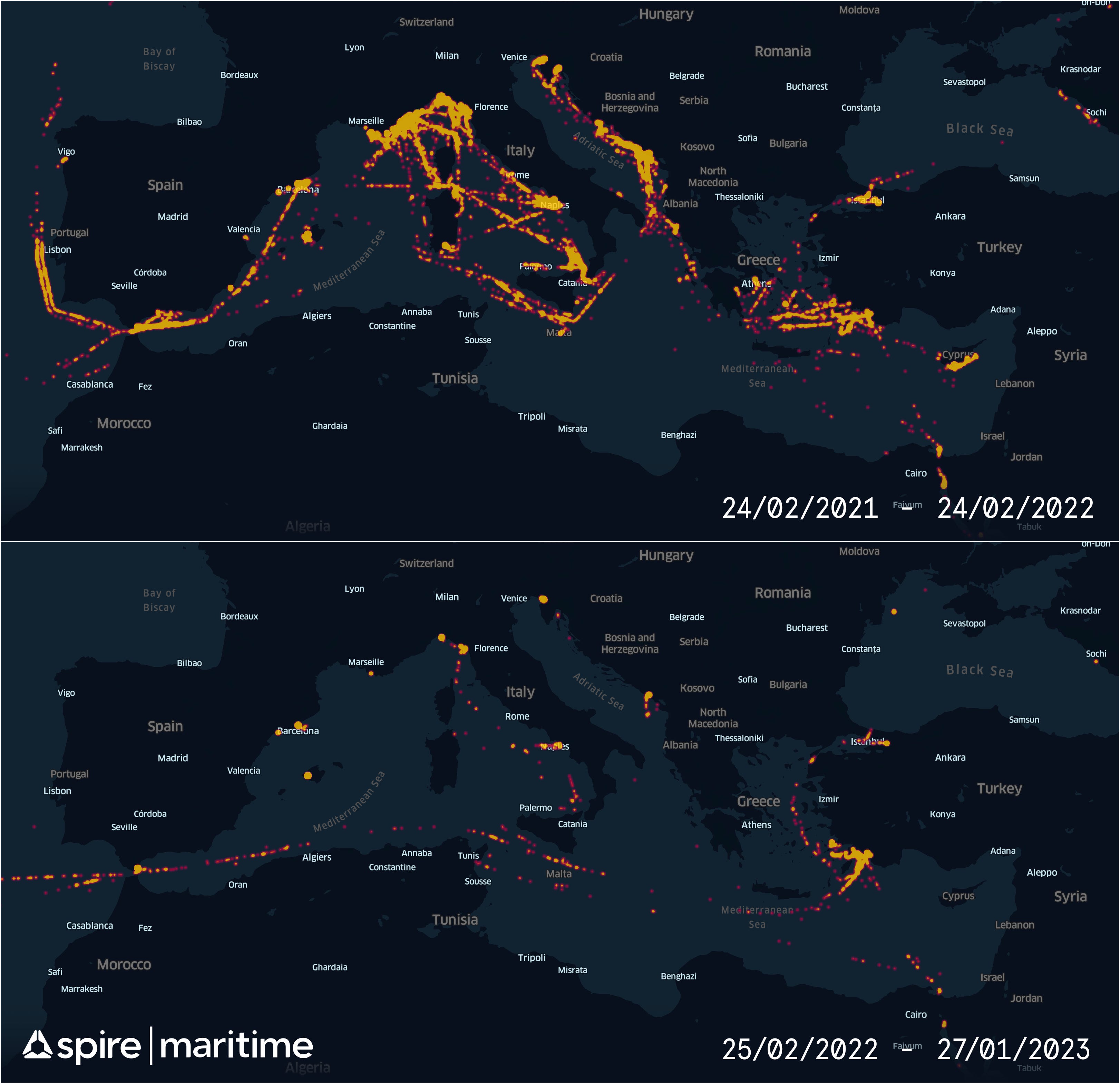 Eine Heatmap, die den Yachtverkehr der russischen Oligarchen im Mittelmeer vor und nach der Invasion der Ukraine zeigt