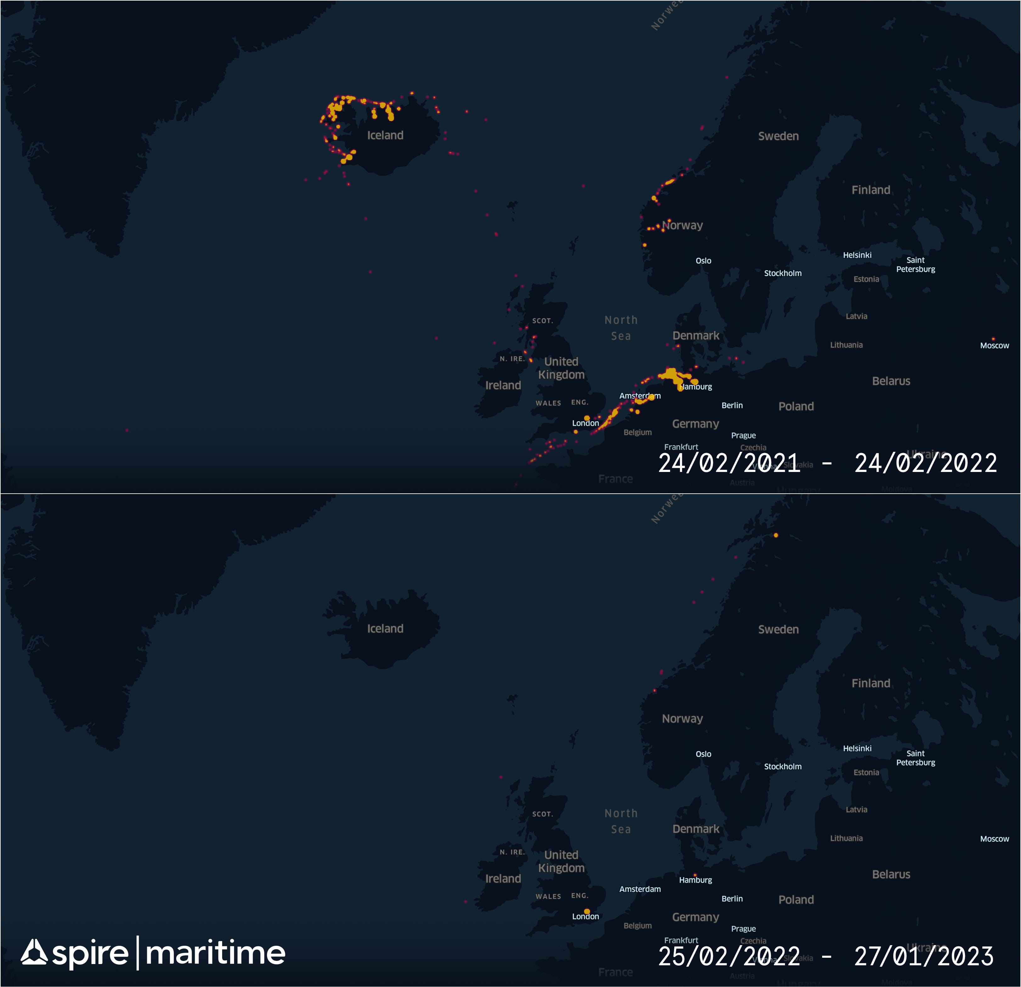 Eine Heatmap, die den Yachtverkehr der russischen Oligarchen in Nordeuropa vor und nach der Invasion der Ukraine zeigt.