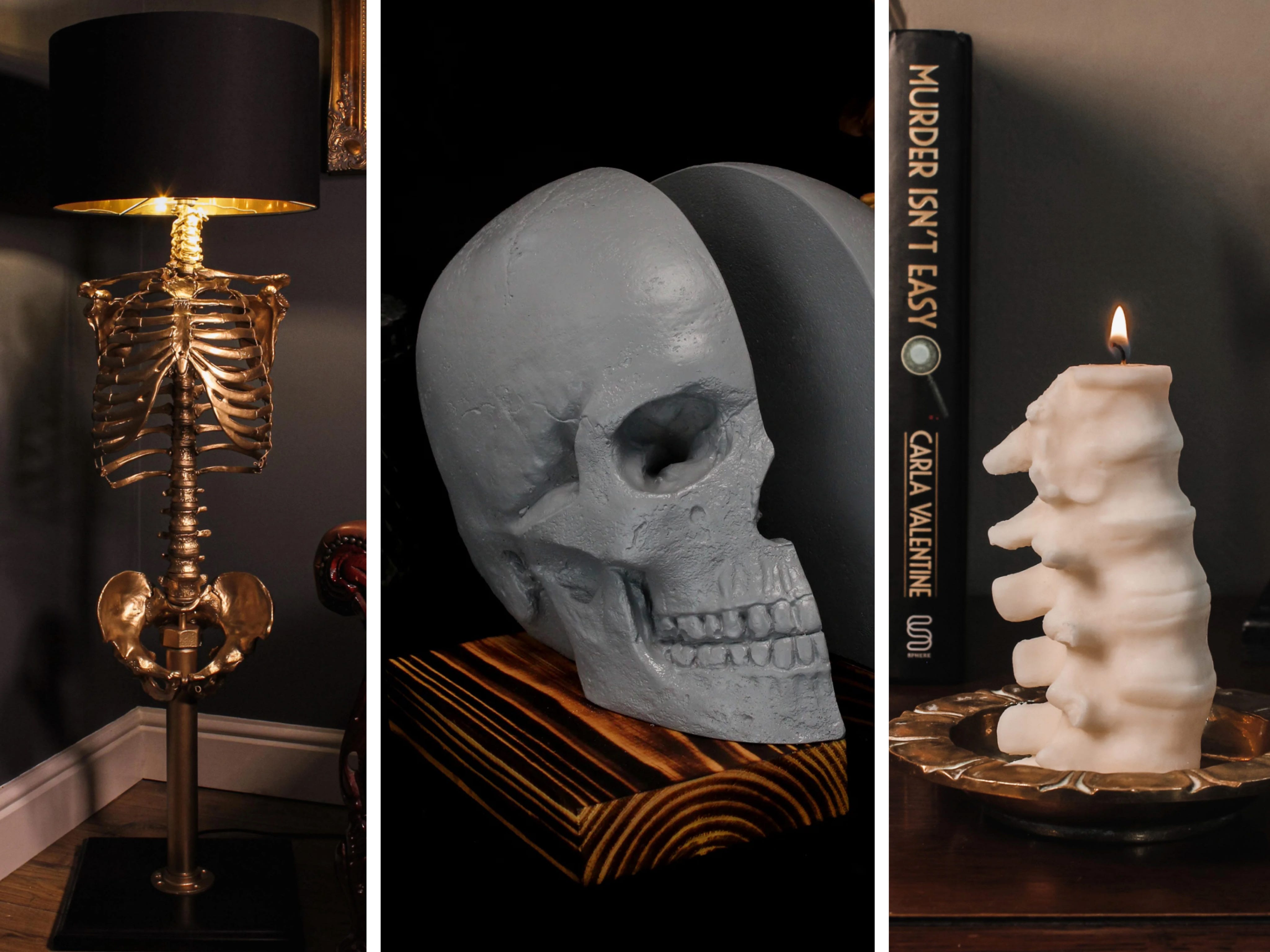 Eine Collage aus Artikeln, die Arnett verkauft: Skelettlampen, Totenkopf-Buchstützen und rückenförmige Kerzen.