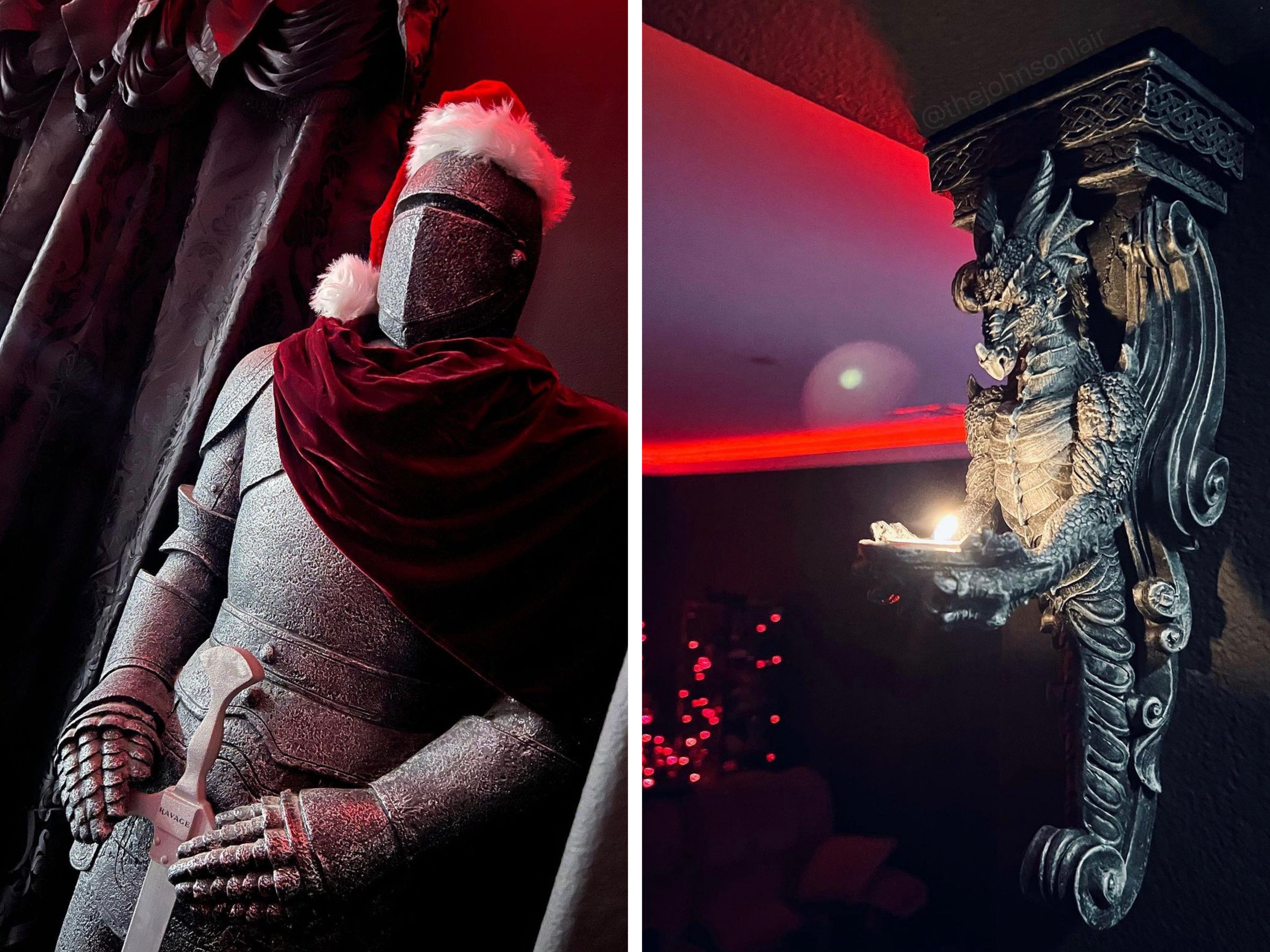 Eine Collage, die eine Statue eines mittelalterlichen Ritters und einen von Drachen inspirierten Kragstein zeigt.