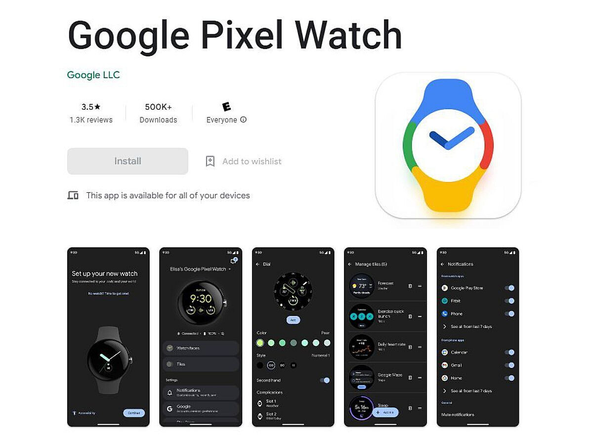 Der Meilenstein, wie im Google Play Store sichtbar.  - Die Begleit-App von Pixel Watch erreicht eine halbe Million Downloads