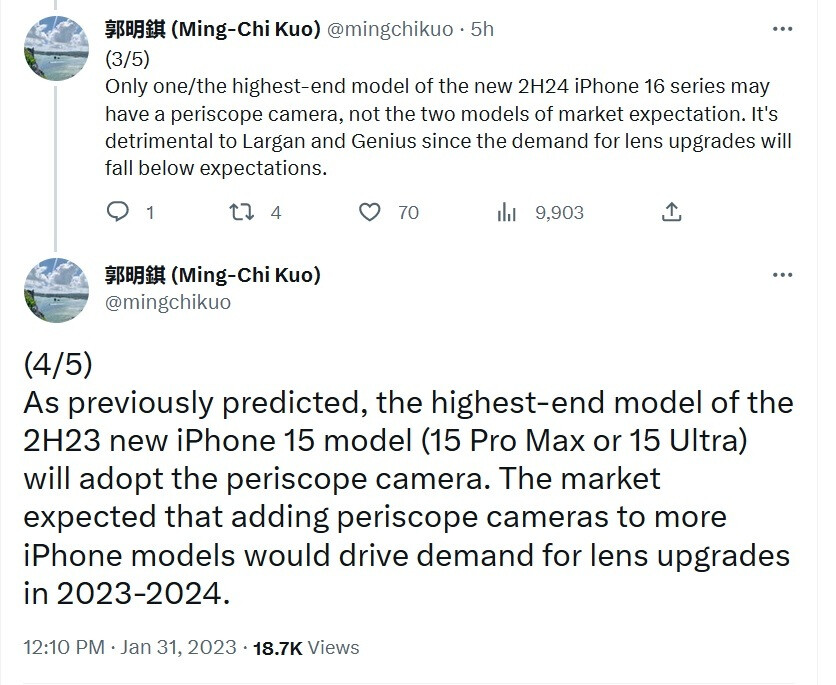 Laut Ming-Chi Kuo wird Apple eine Periskopkamera nur für die Modelle iPhone 15 Ultra und iPhone 16 Ultra anbieten – Laut Top-Analyst wird Apple einschränken, welche iPhone-Modelle eine Periskopkamera erhalten