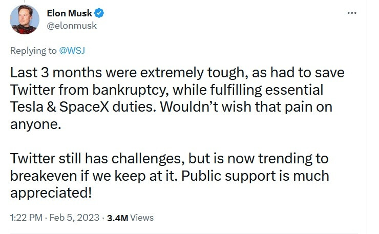 Musk behauptet, Twitter vor dem Bankrott gerettet zu haben und hat die Social-Media-Site auf einem soliden Weg - Musk behauptet, Twitter vor dem Bankrott und roter Tinte gerettet zu haben