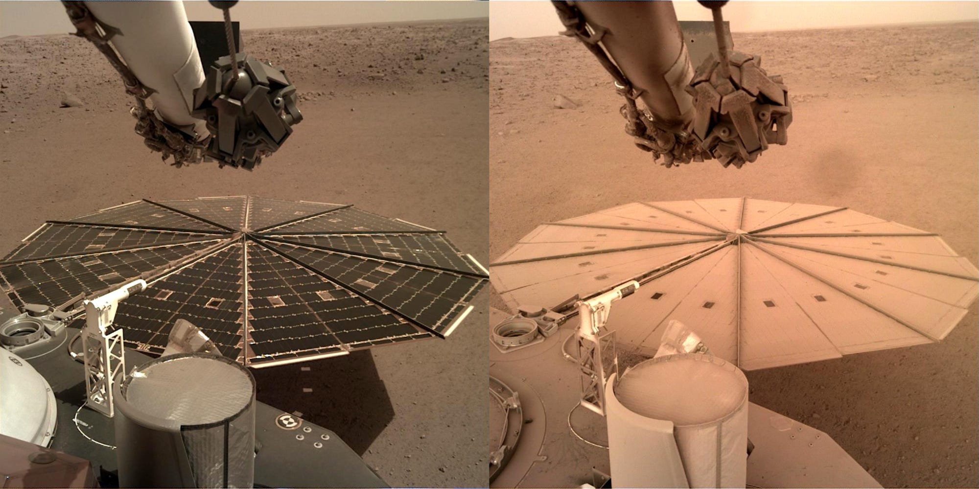 Zwei Bilder der kreisförmigen Sonnenreihe des Insight-Landers zeigen sie links klar und lebendig und rechts mit Staub bedeckt