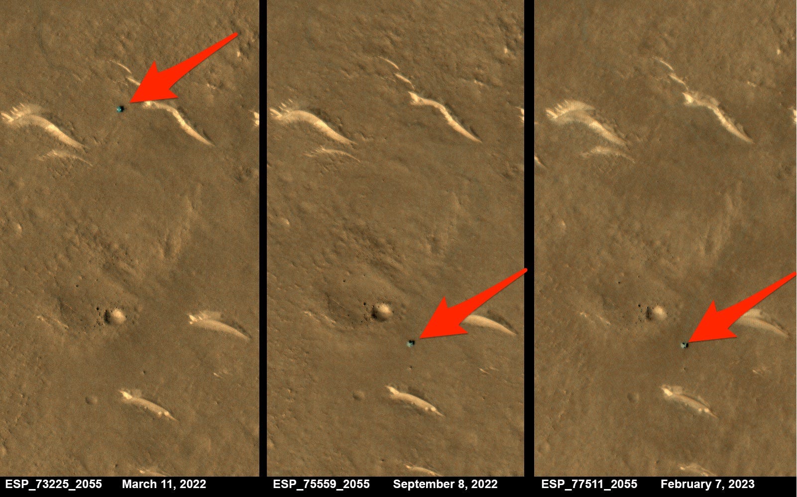 Panel mit drei Satellitenbildern zeigt einen kleinen Punkt des chinesischen Rovers, der sich einmal bewegt und dann still bleibt