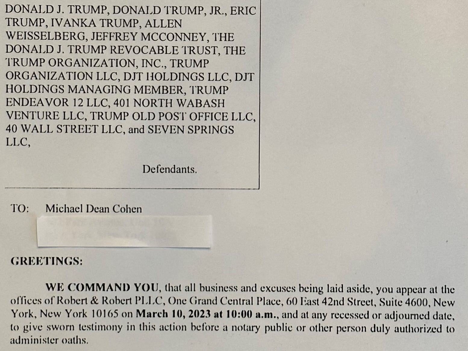 Michael Cohens Vorladung der Trump-Angeklagten in der Betrugsklage der New Yorker Generalstaatsanwältin Letitia James.