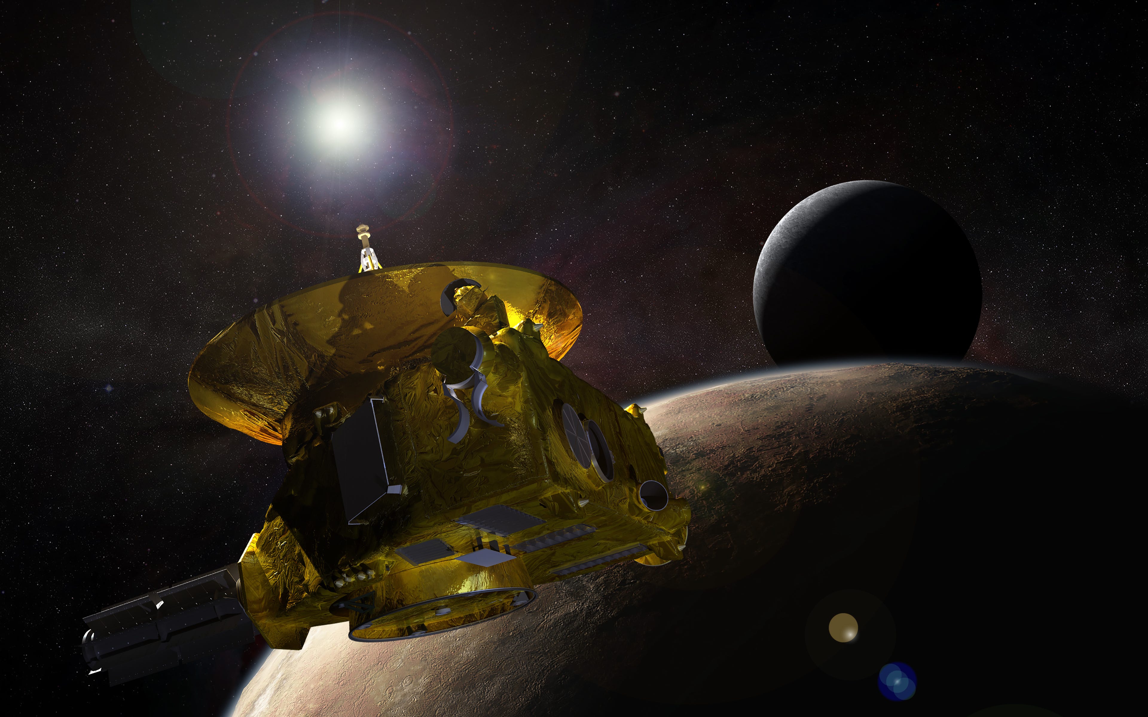 eine Illustration der Raumsonde New Horizons und Pluto in der Ferne