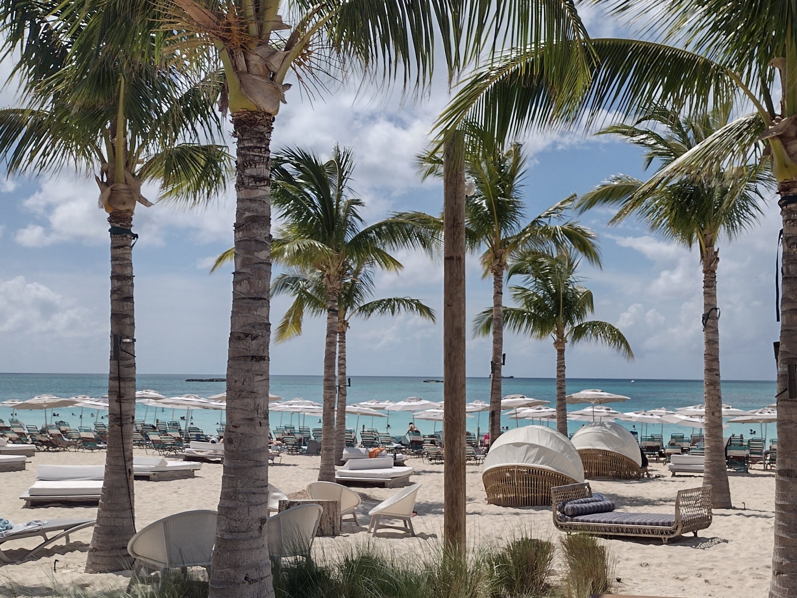 Ein Strand mit Palmen, weißen Liegen und Sonnenschirmen